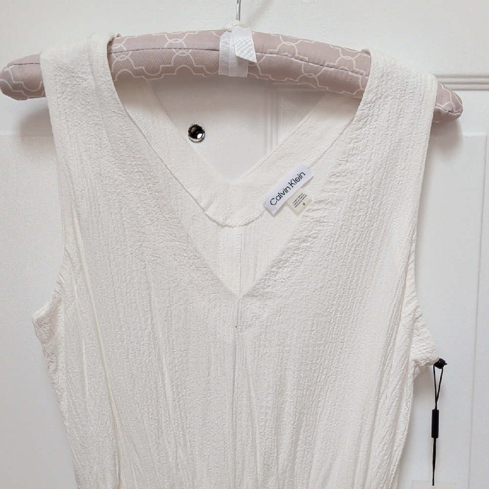 Calvin Klein Cream V-Neck Tiered Midi Dress - Picture 6 of 10